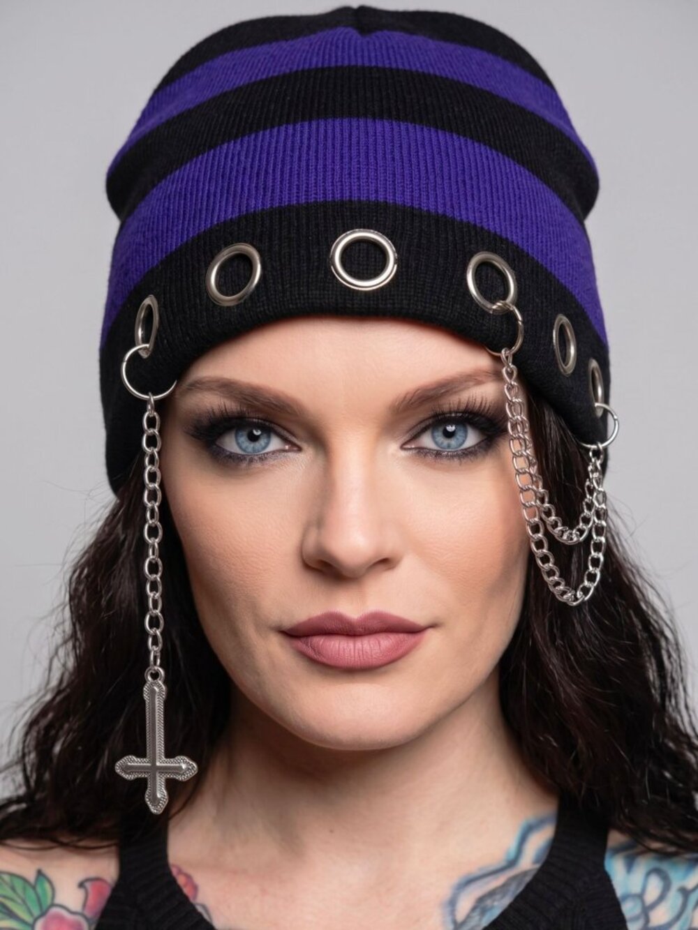 Widow ✦ Been Better Chain Beanie ✦ Black/Purple Stripes Grommets Silver Chains